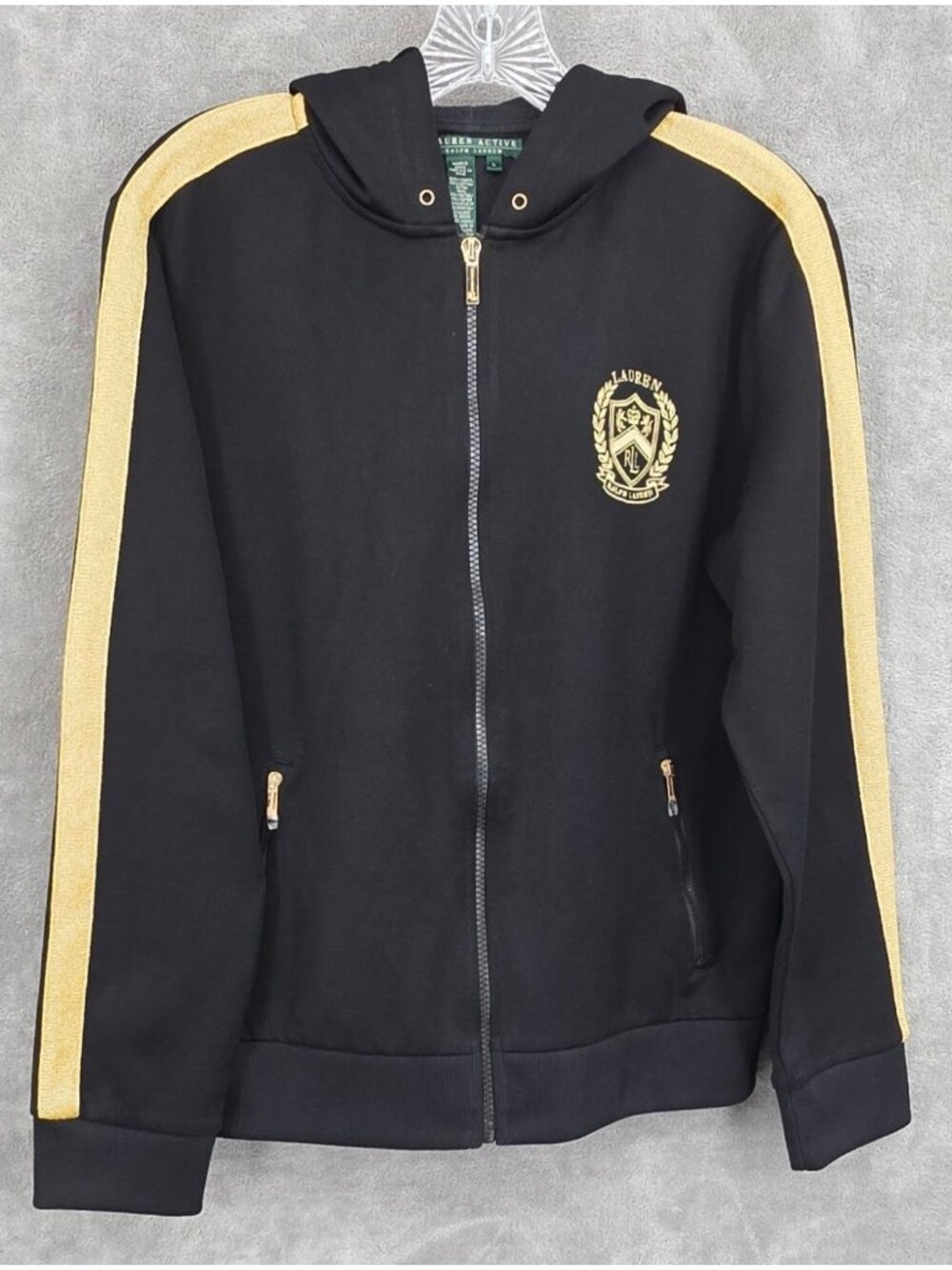 LRL Ralph Lauren Active Full Zip Hoodie L Black Metallic Gold Logo Crest Preppy